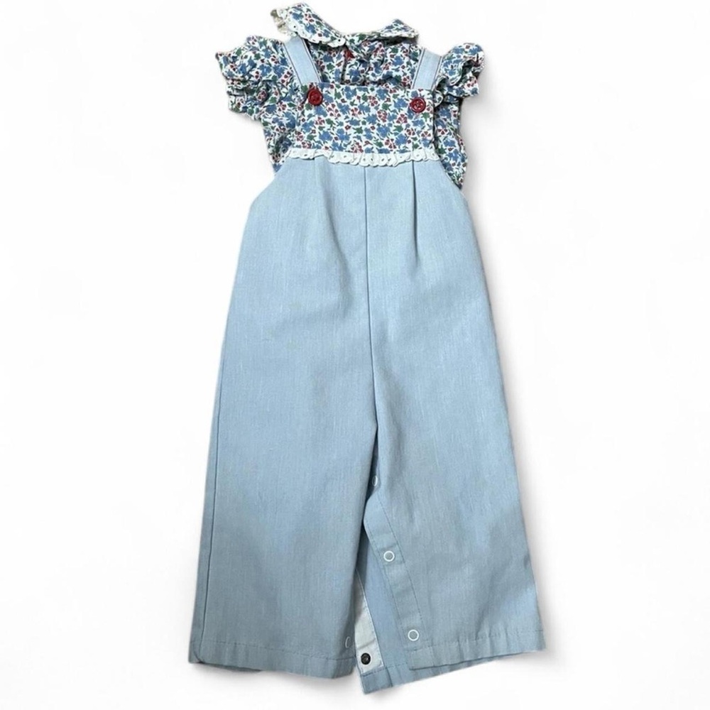 Vintage Health-Tex Baby blue floral  Ruffle Overalls 2 Piece Girls 18 Months bib
